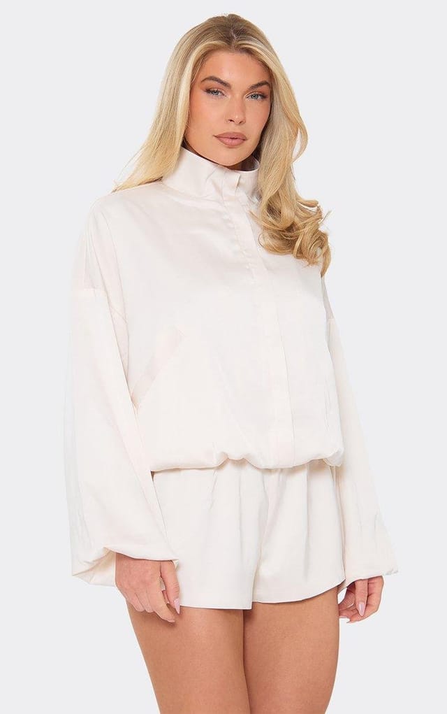 EGO Long Sleeve Collar Detail Bomber Playsuit In Cream, Women's Size UK 6 - 2