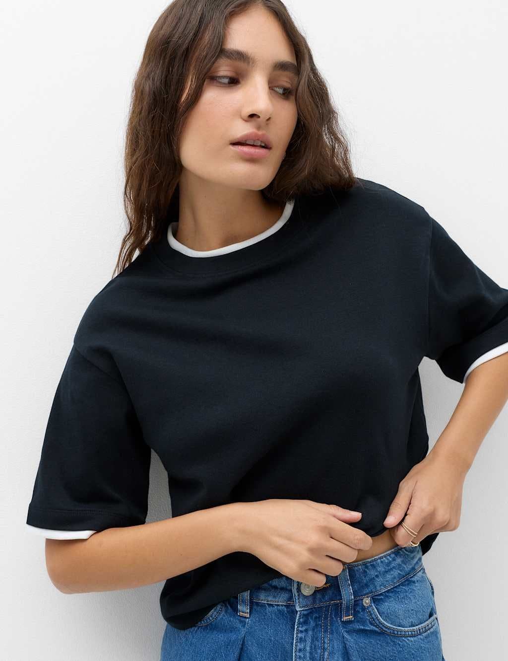 Marks & Spencer M&S Navy Pure Cotton Double Layer Boxy T-Shirt