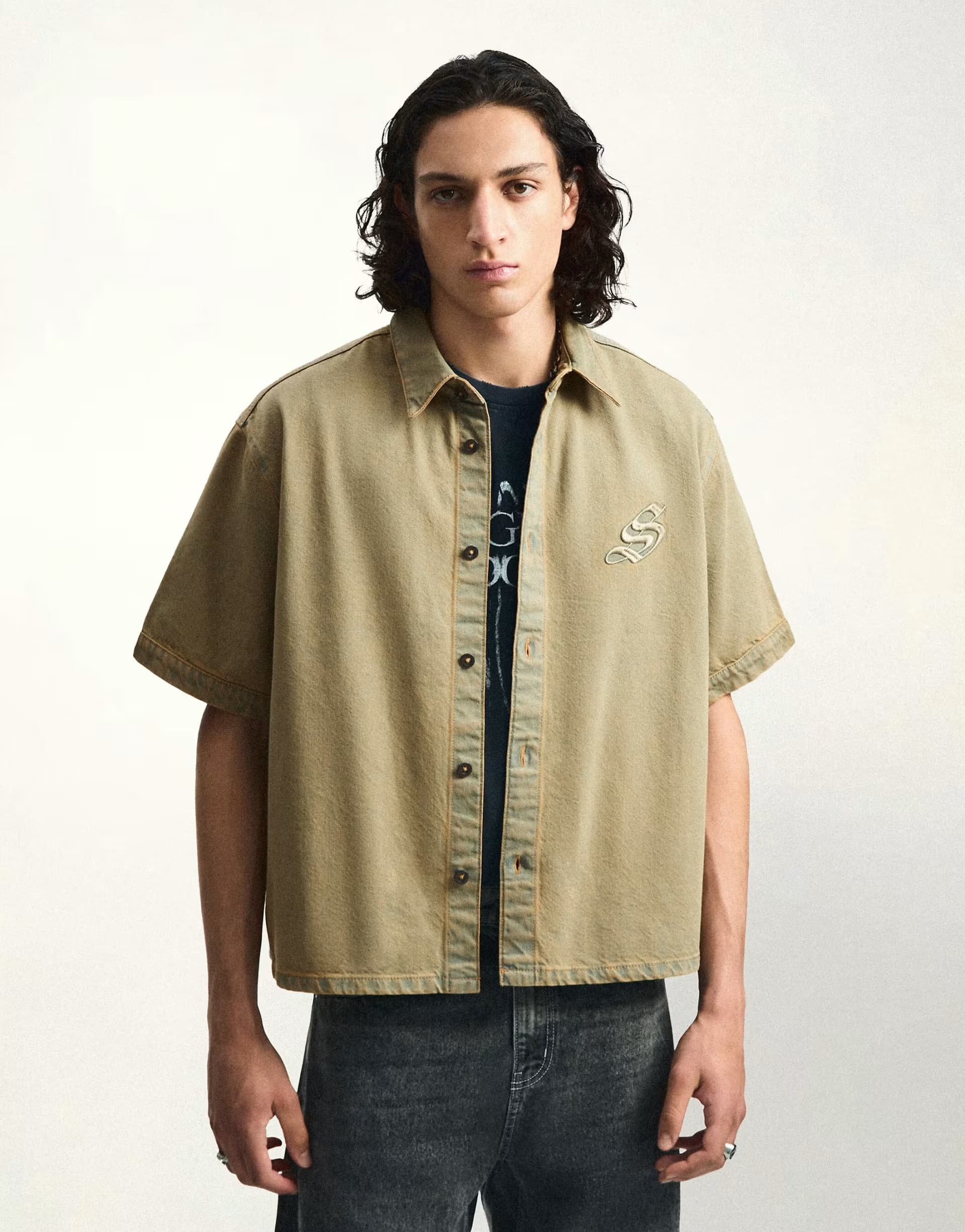 ASOS Bershka Short sleeve boxy textured shirt in khaki