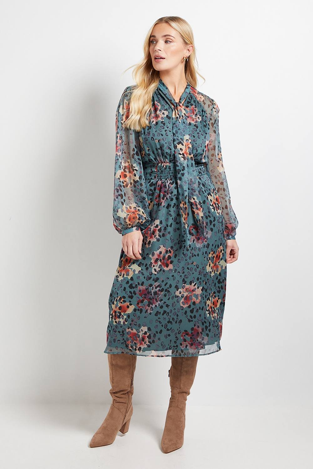 Wallis Wallis Women's Petite Tie Neck Seam Detail Midi Dress in Sage - 2