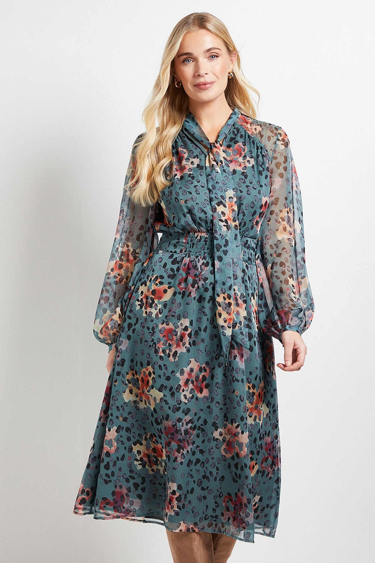 Wallis Wallis Women's Petite Tie Neck Seam Detail Midi Dress in Sage - 4