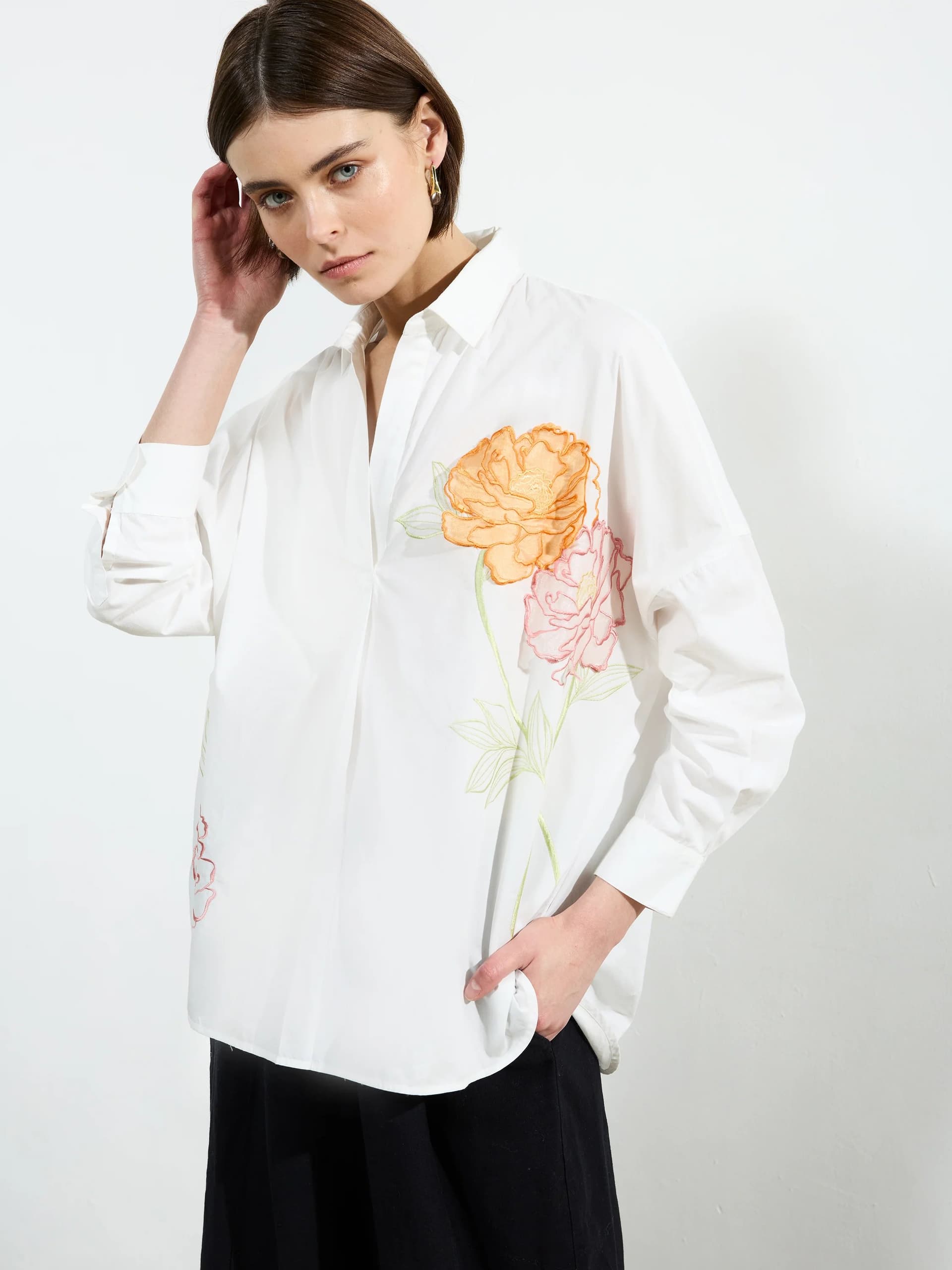 French Connection Cambria Cotton Popover Shirt Summer White Multi