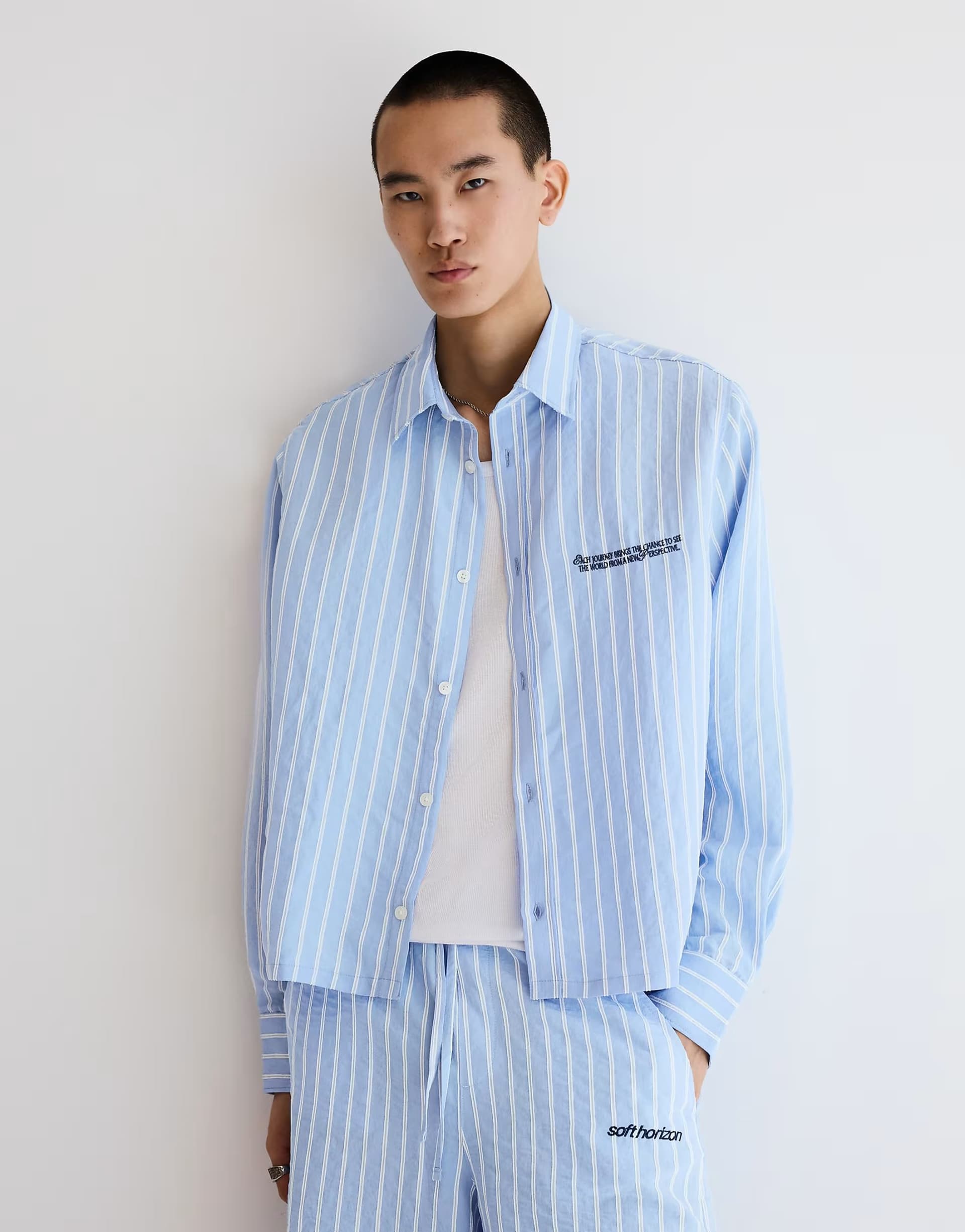 ASOS Bershka Embroidered long sleeve shirt in light blue