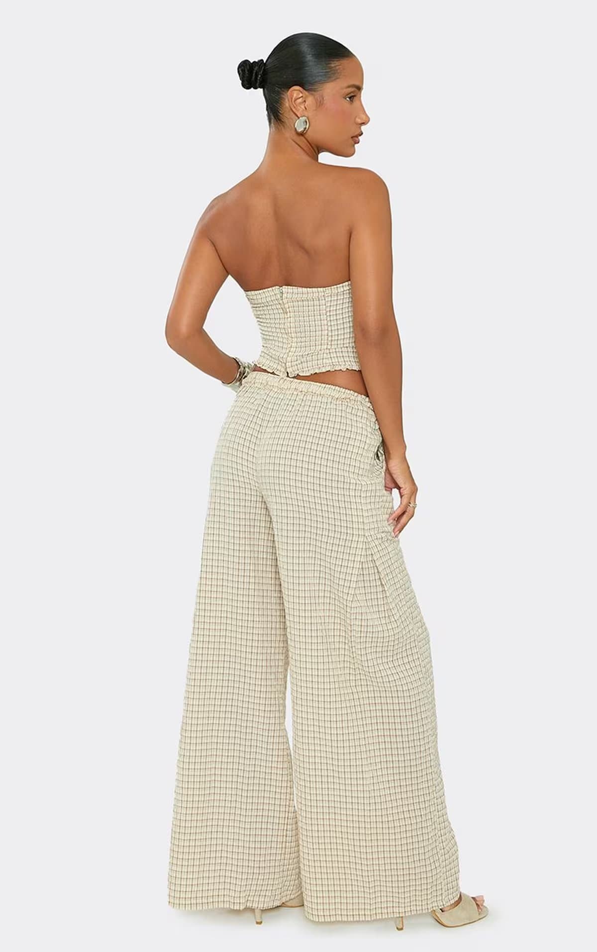 EGO Mid Rise Wide Leg Trouser In Cream Check Print, Women's Size UK 6
