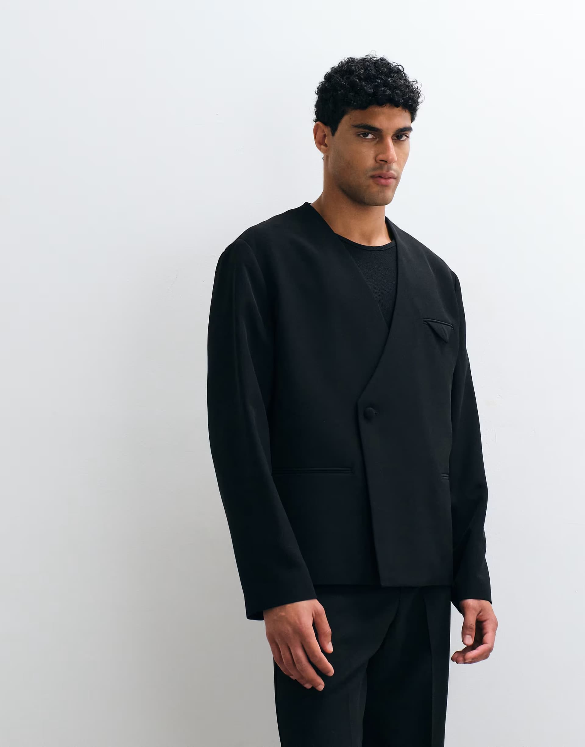 ASOS ASOS DESIGN boxy collarless tuxedo suit jacket in black