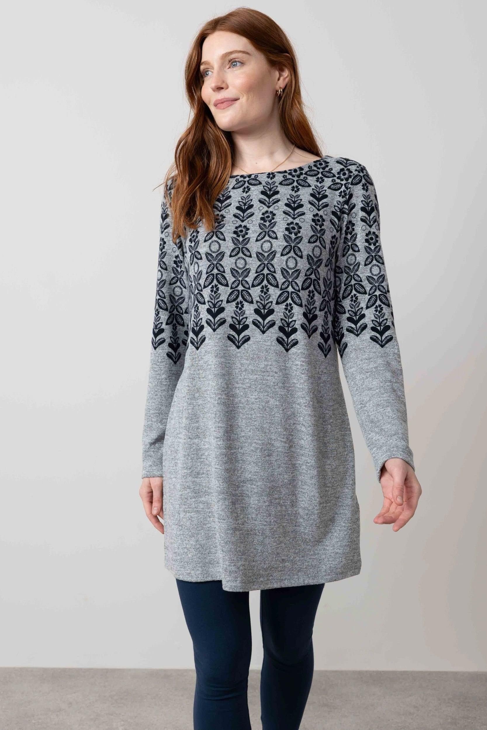 Lily & Me Lily & Me Women's Angela Long Sleeved Soft Brushed knit Fairisle Tunic with Boat neck in Grey