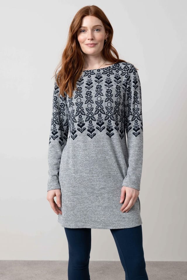 Lily & Me Lily & Me Women's Angela Long Sleeved Soft Brushed knit Fairisle Tunic with Boat neck in Grey - 2