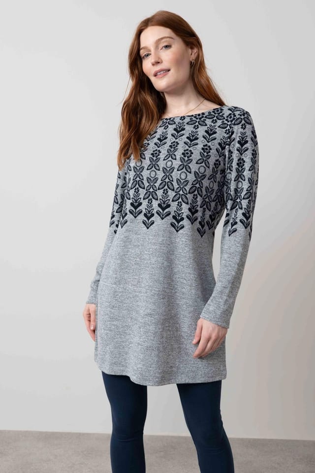 Lily & Me Lily & Me Women's Angela Long Sleeved Soft Brushed knit Fairisle Tunic with Boat neck in Grey - 3