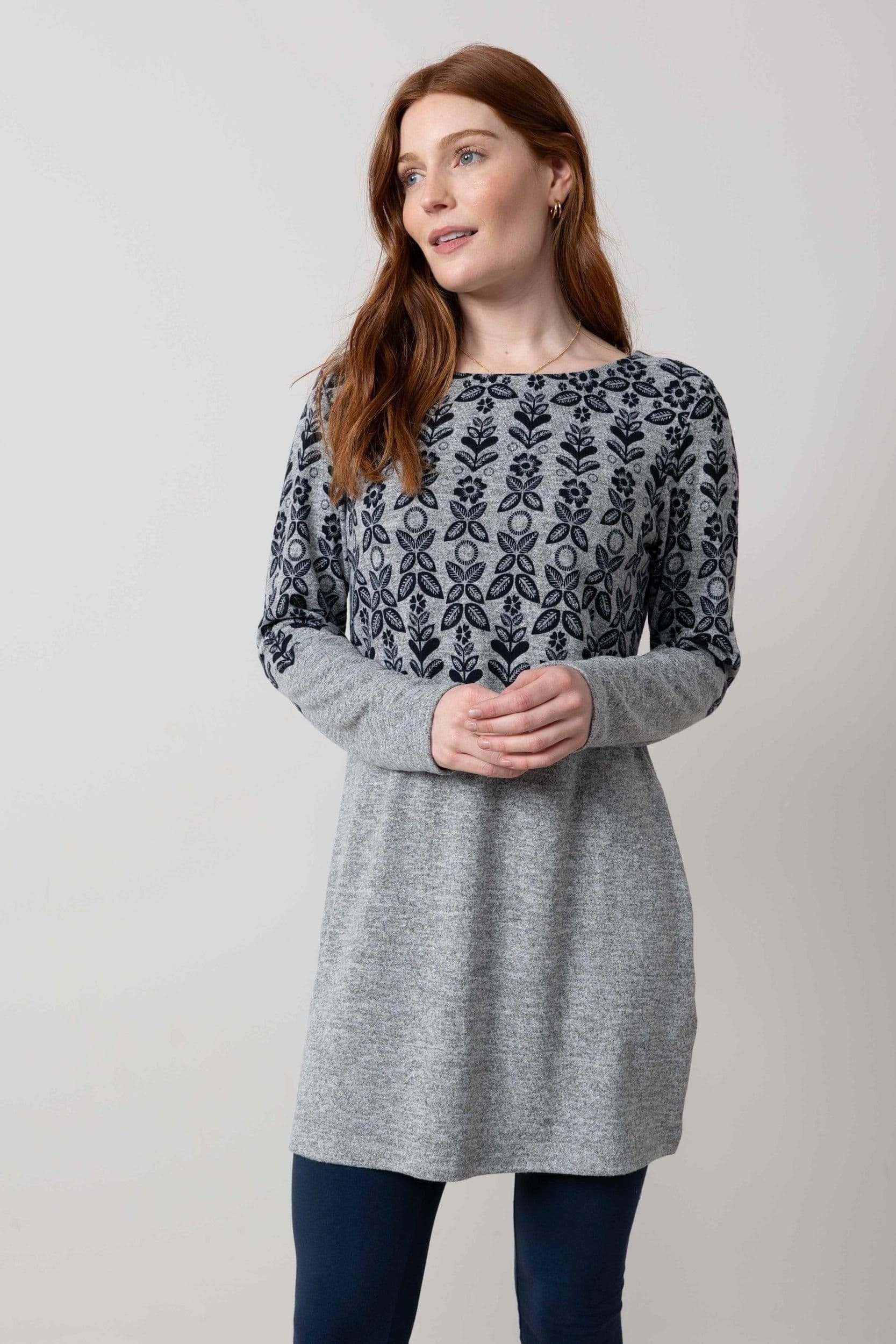 Lily & Me Lily & Me Women's Angela Long Sleeved Soft Brushed knit Fairisle Tunic with Boat neck in Grey - 4