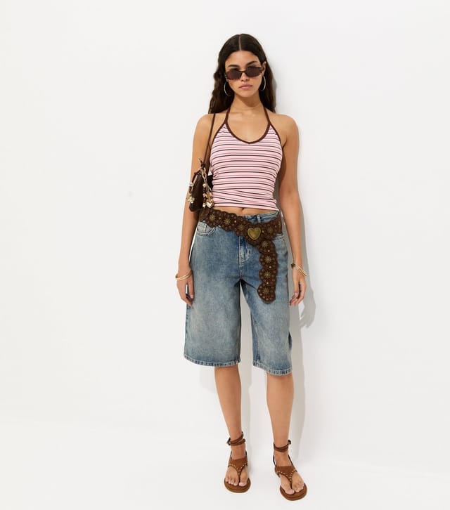 New Look Women's Pink Cotton Rich Striped Contrast Trim Halter Neck Top New Look - 3