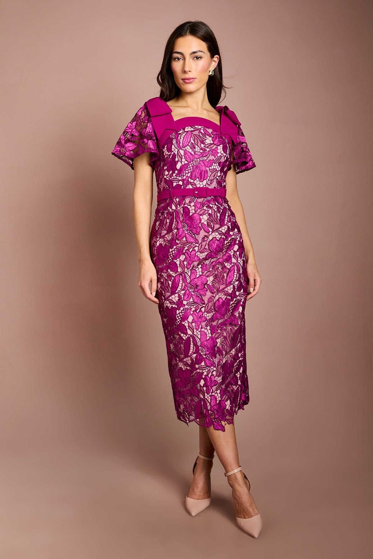 Coast Coast Women's Lace Bow Shoulder Pencil Midi Dress in Magenta