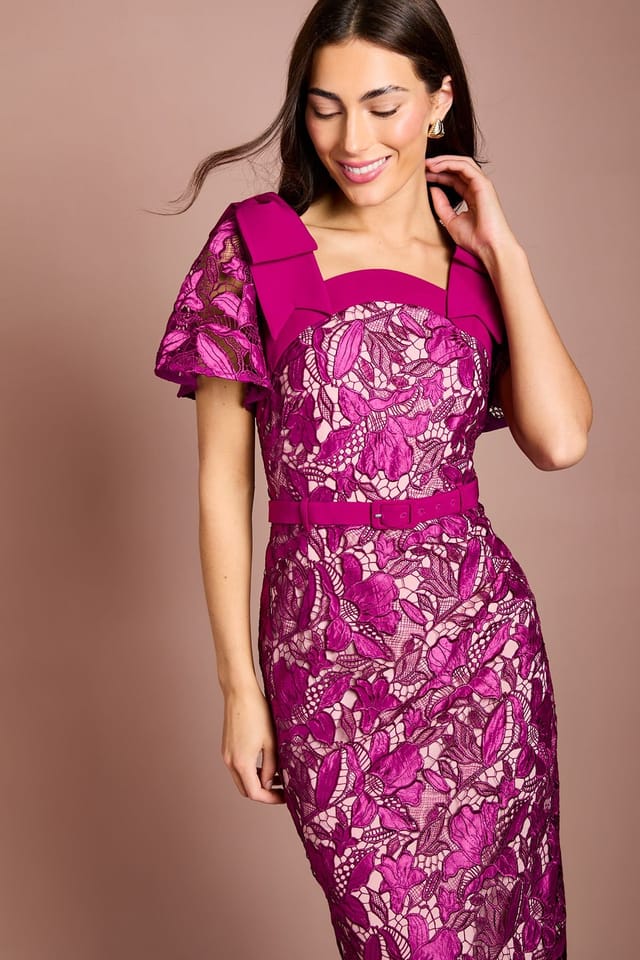 Coast Coast Women's Lace Bow Shoulder Pencil Midi Dress in Magenta - 2