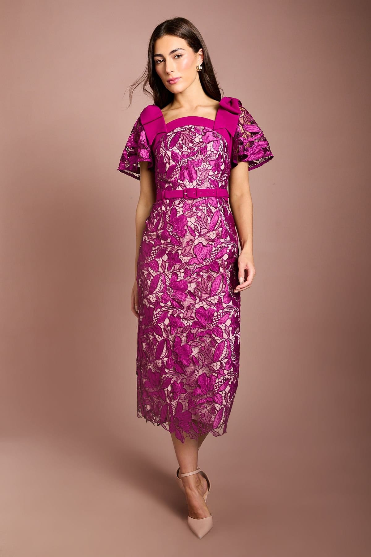 Coast Coast Women's Lace Bow Shoulder Pencil Midi Dress in Magenta - 4