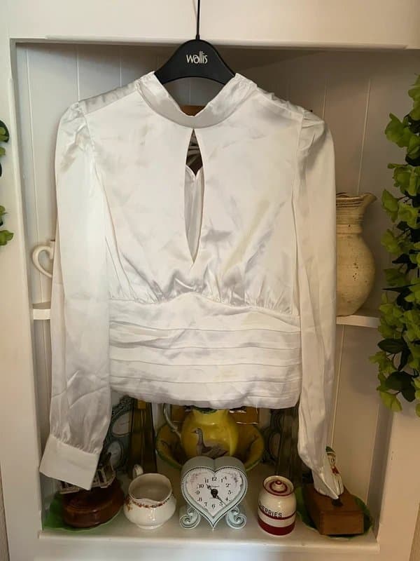 Mohito Satin White High Neck Keyhole Blouse - Long Sleeves - UK - Size 10