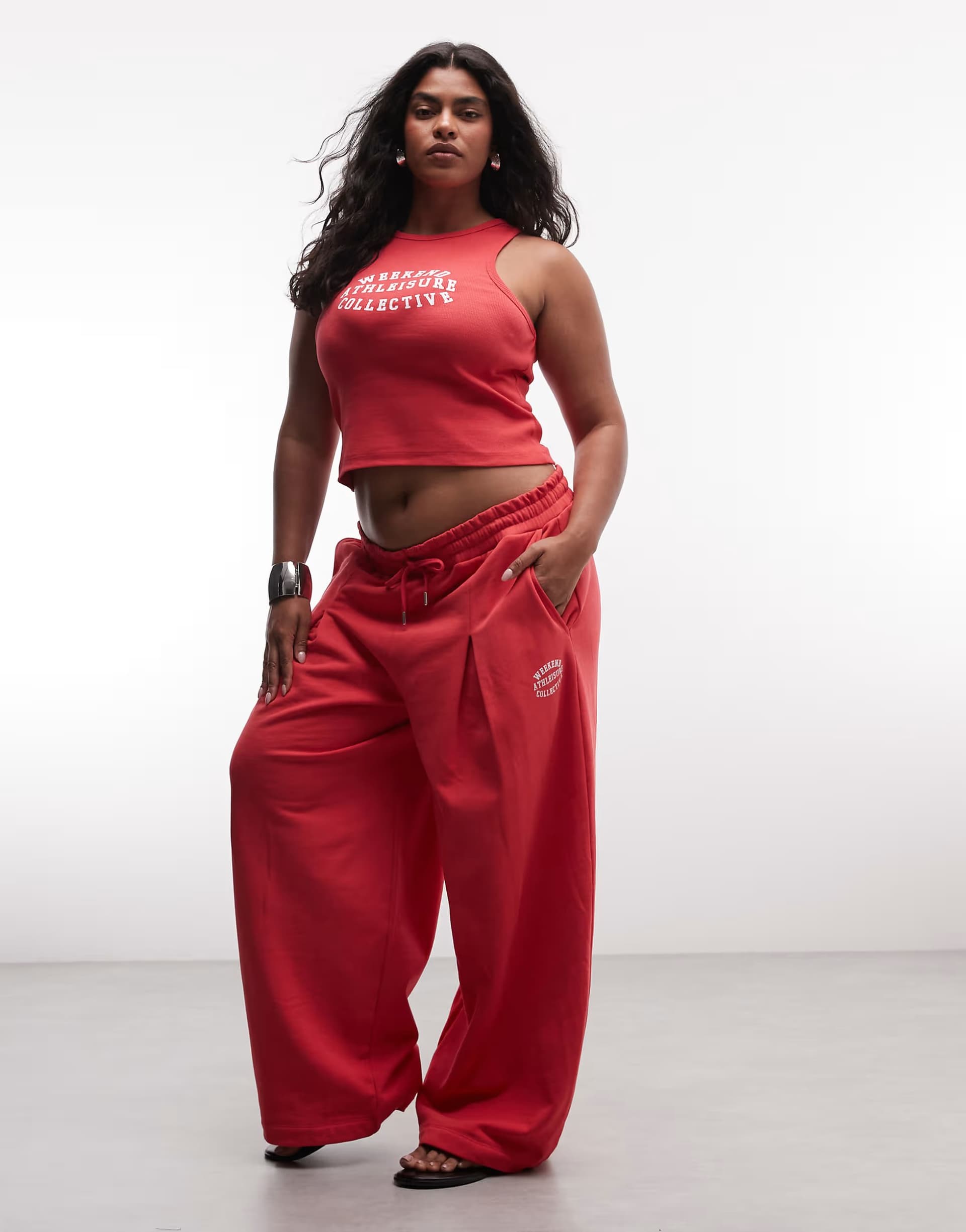 ASOS Weekend Collective Curve co-ord oversized barrel leg jogger with graphic in coral red