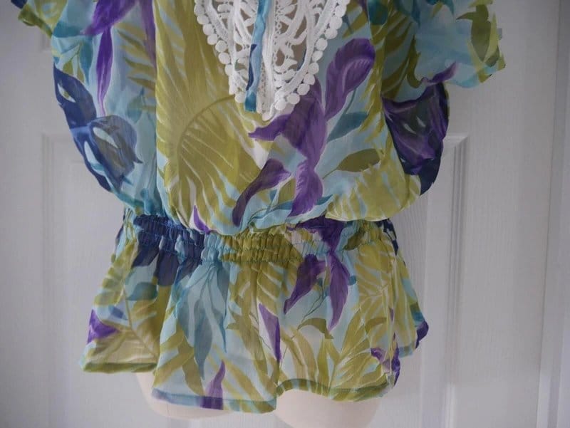 Carbon Green Floral Leaf Crochet Neck Chiffon Top