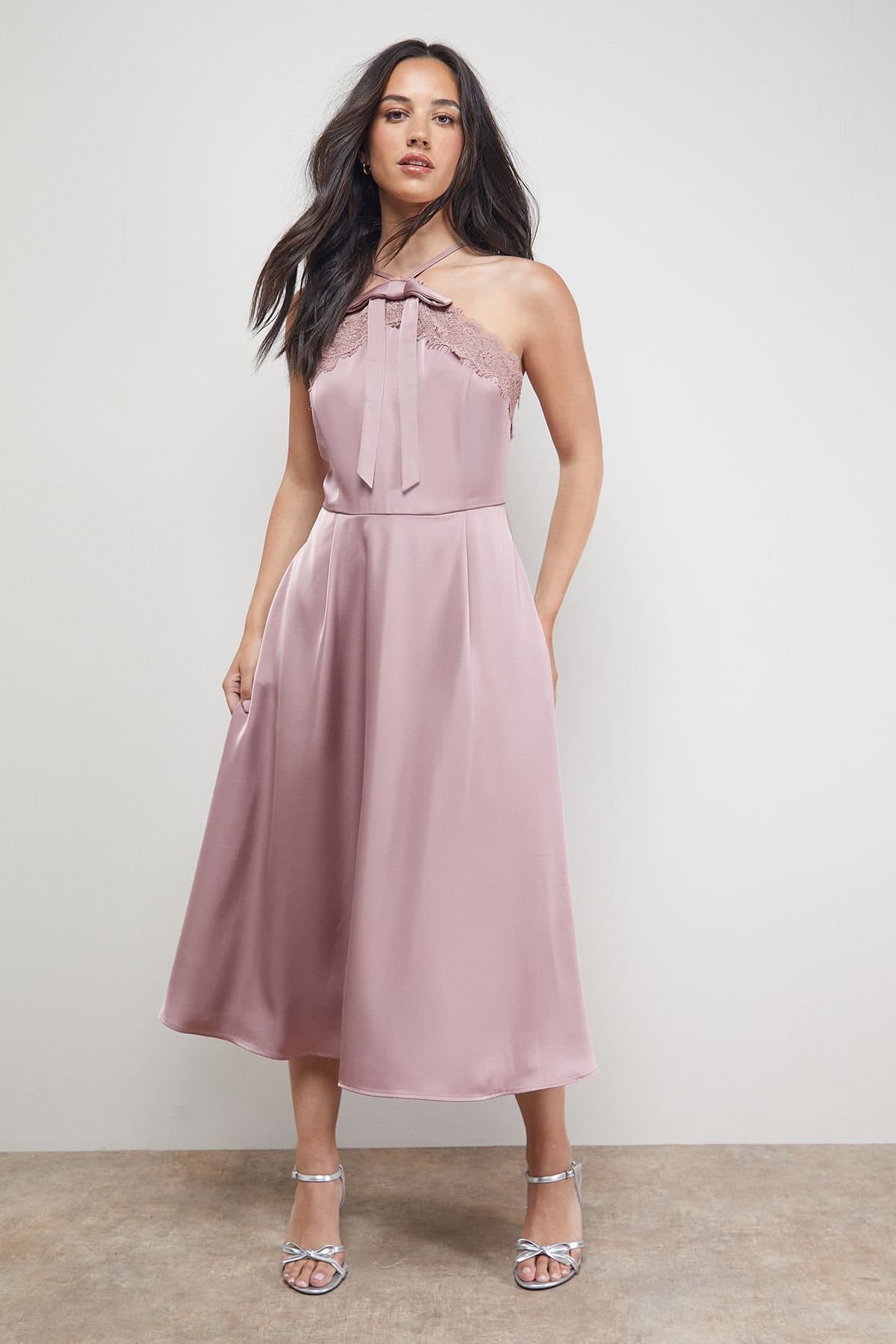Oasis Oasis Women's Lace Detail Midi Prom Dress in Mocha