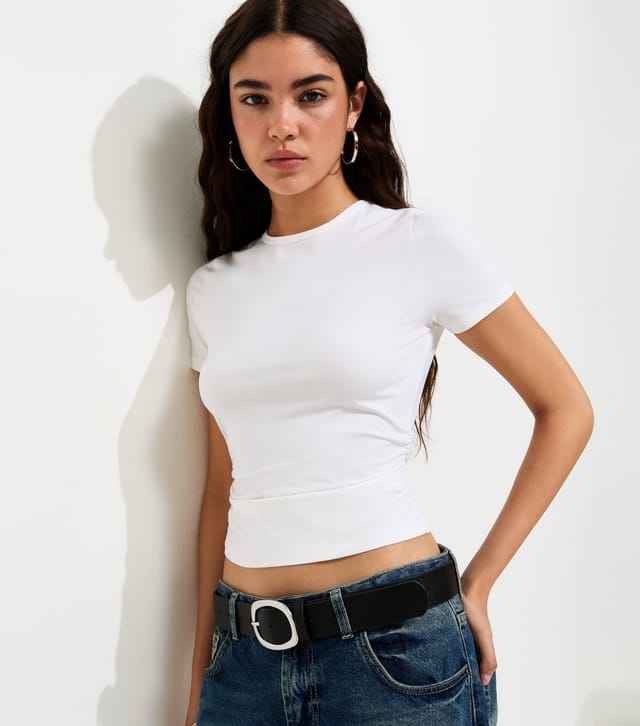 New Look Women's White Ruched Sides Baby Tee T-Shirt New Look - 2