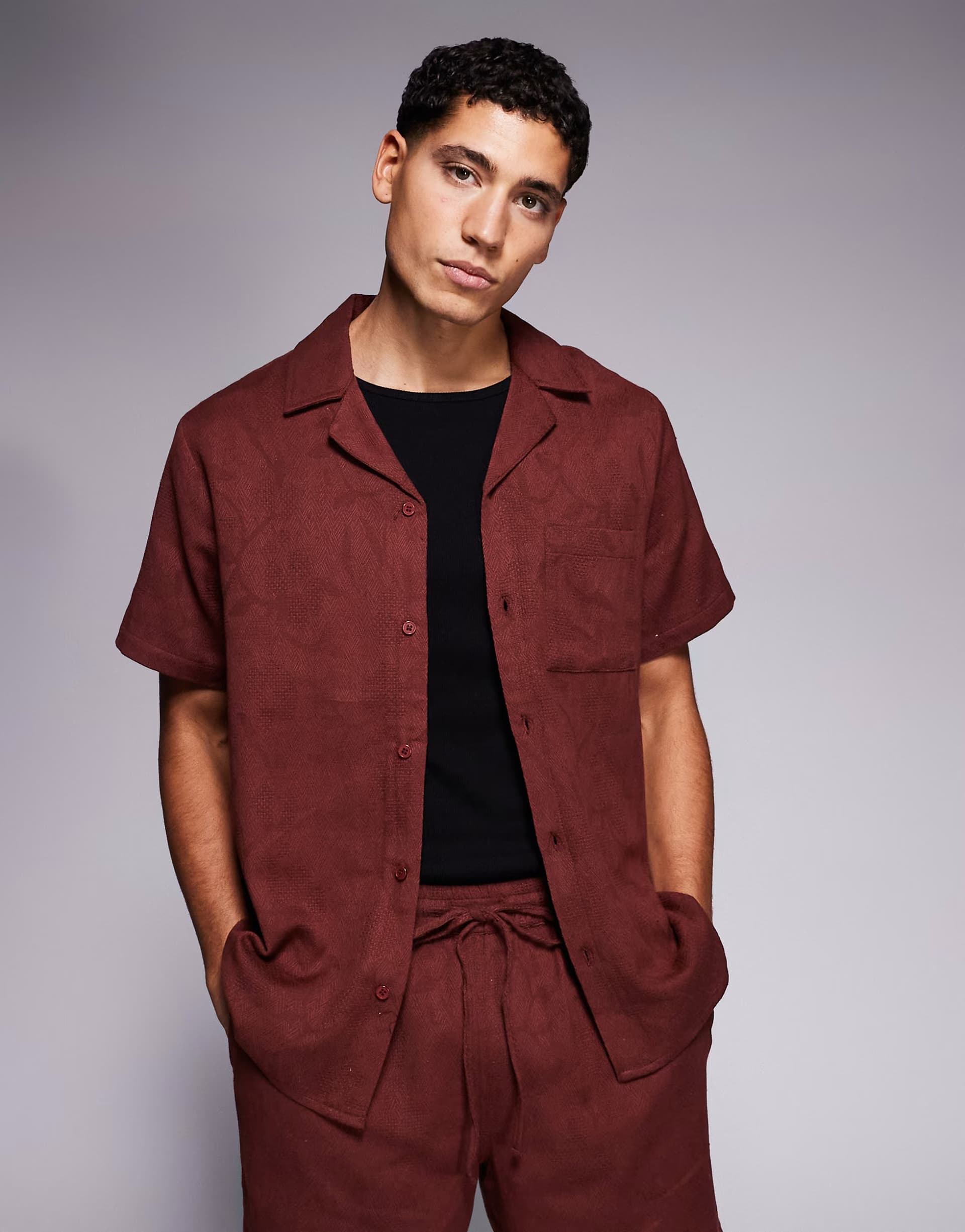 ASOS South Beach cotton jacquard shirt in burgundy