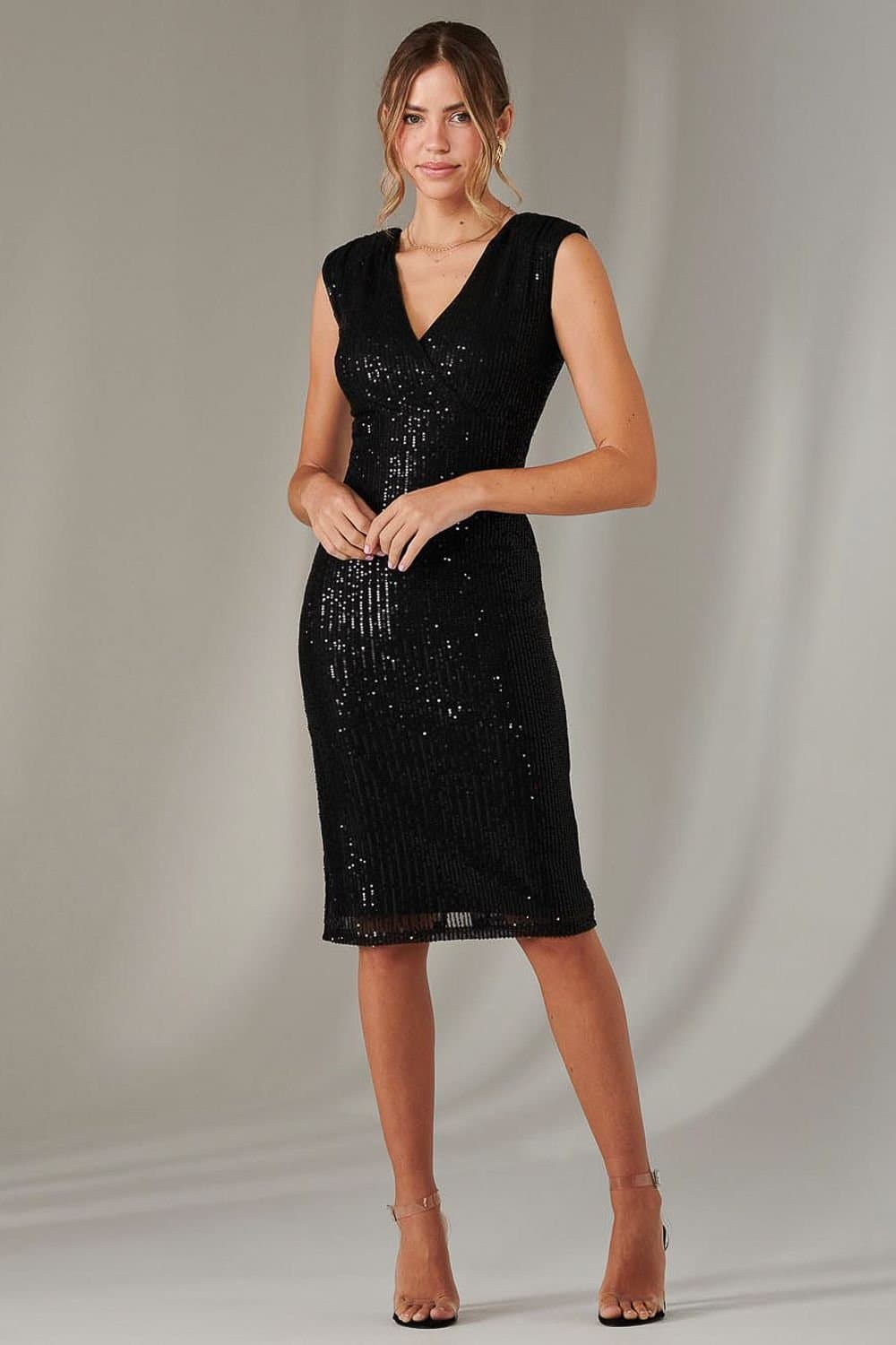 Jolie Moi Jolie Moi Women's Qaya Sequin V Neck Shift Dress in Black