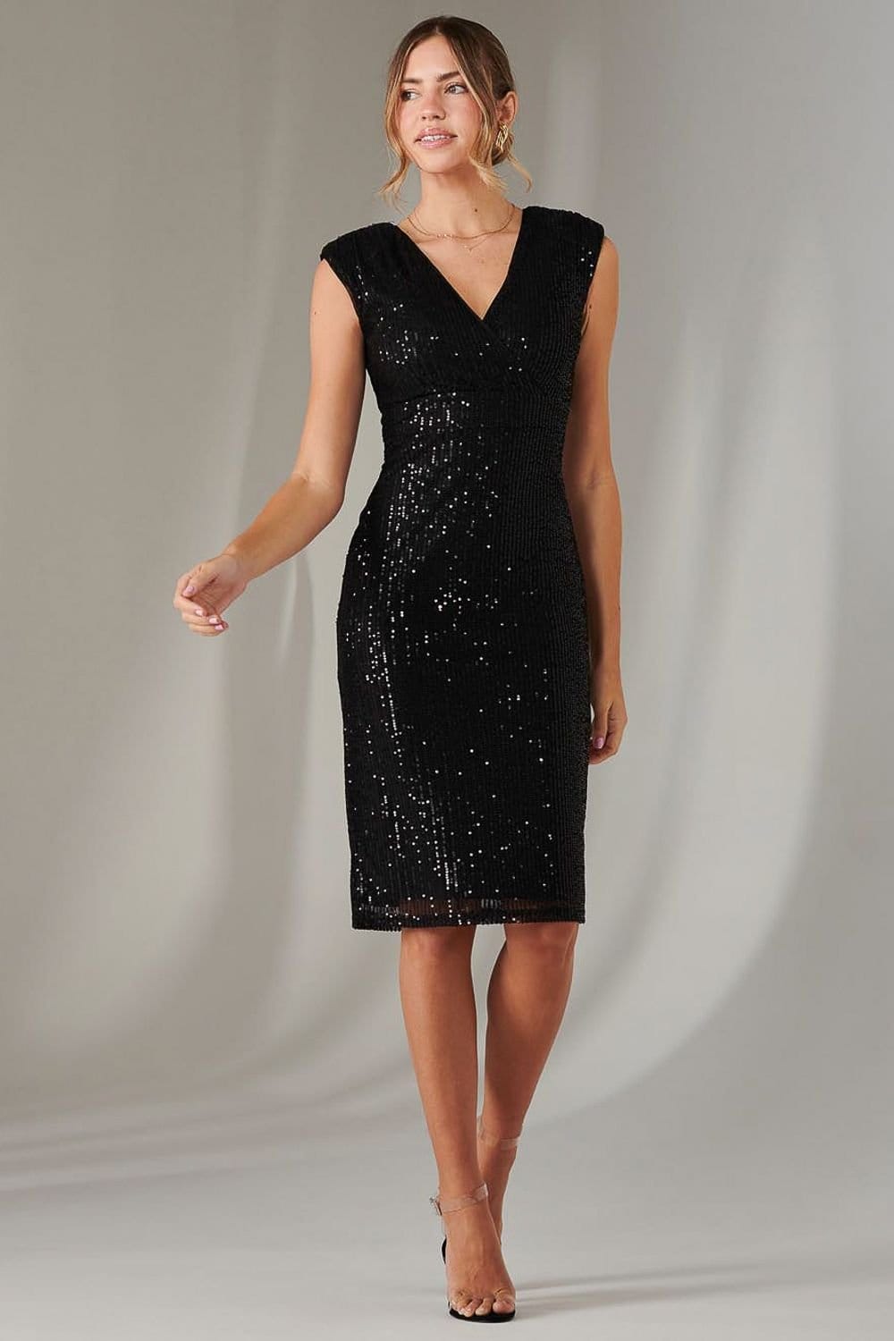 Jolie Moi Jolie Moi Women's Qaya Sequin V Neck Shift Dress in Black - 4