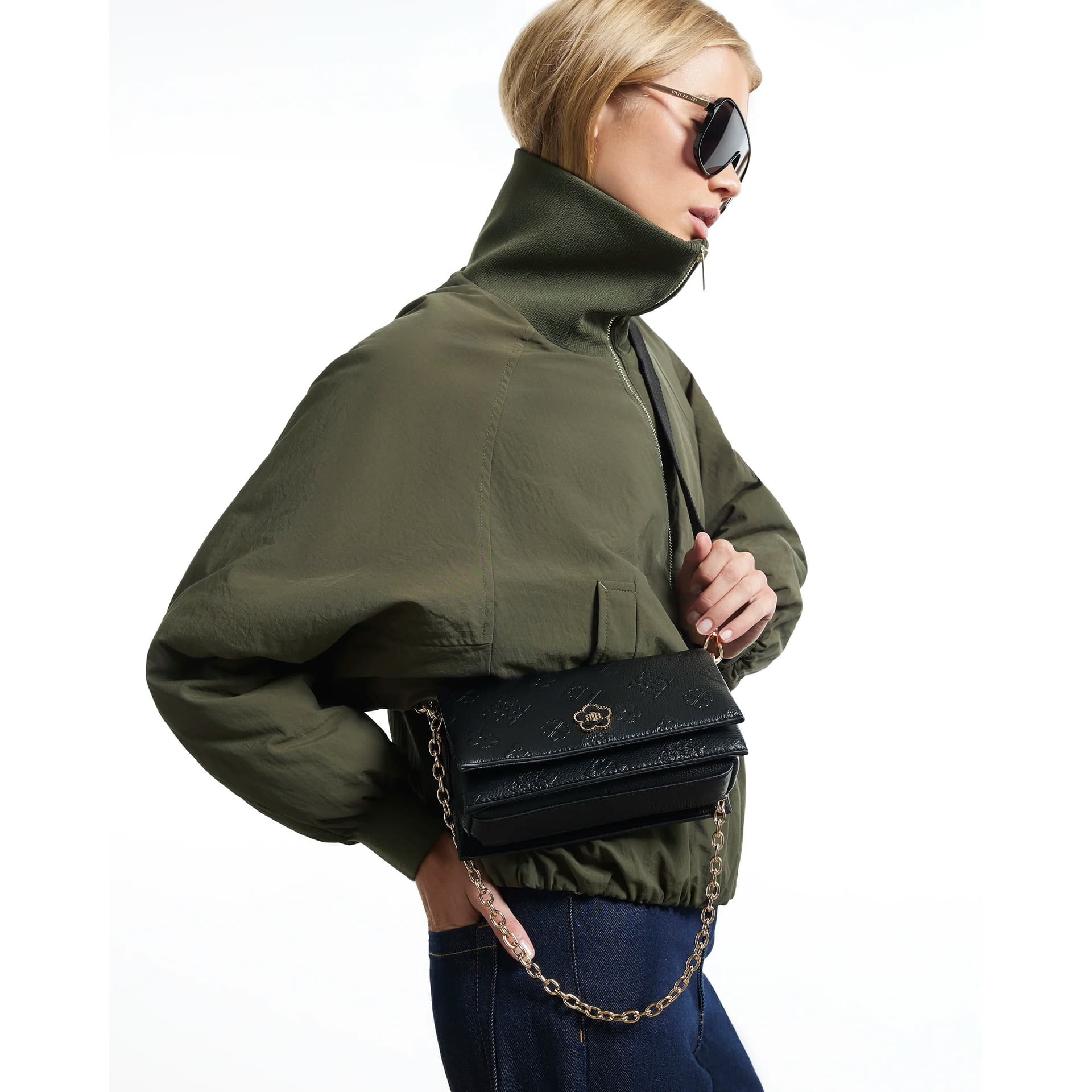 River Island River Island Womens Black Embossed Monogram Crossbody Bag