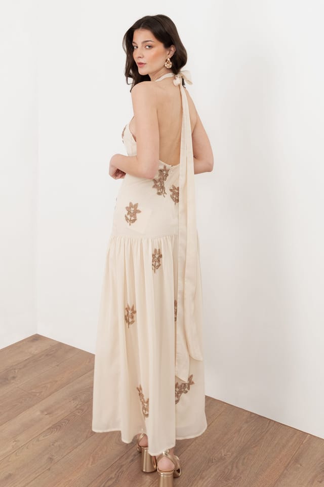 Maya Deluxe Maya Deluxe Women's Embellished Drop Waist Halter Neck Midaxi Dress in Nude - 2