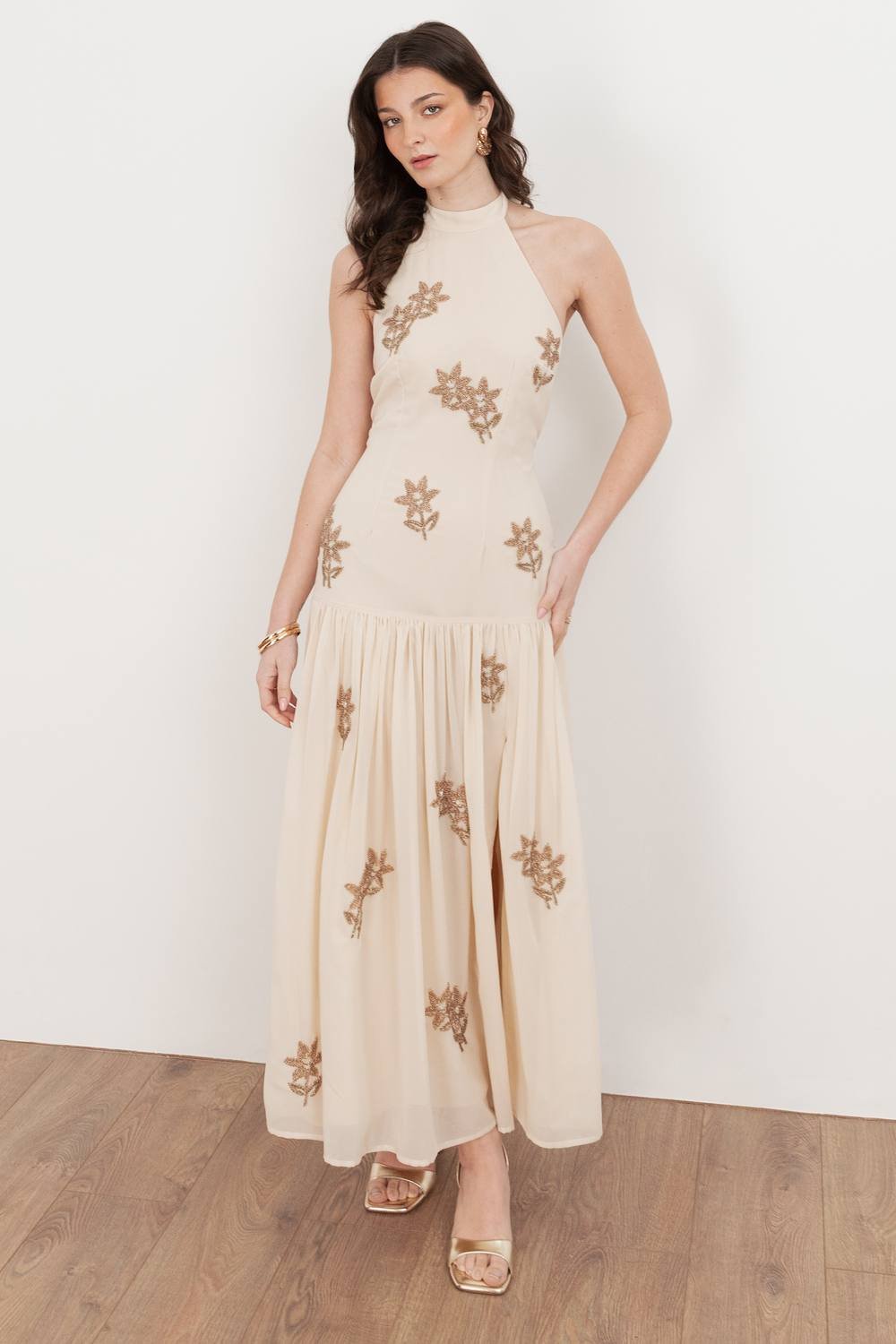 Maya Deluxe Maya Deluxe Women's Embellished Drop Waist Halter Neck Midaxi Dress in Nude - 3