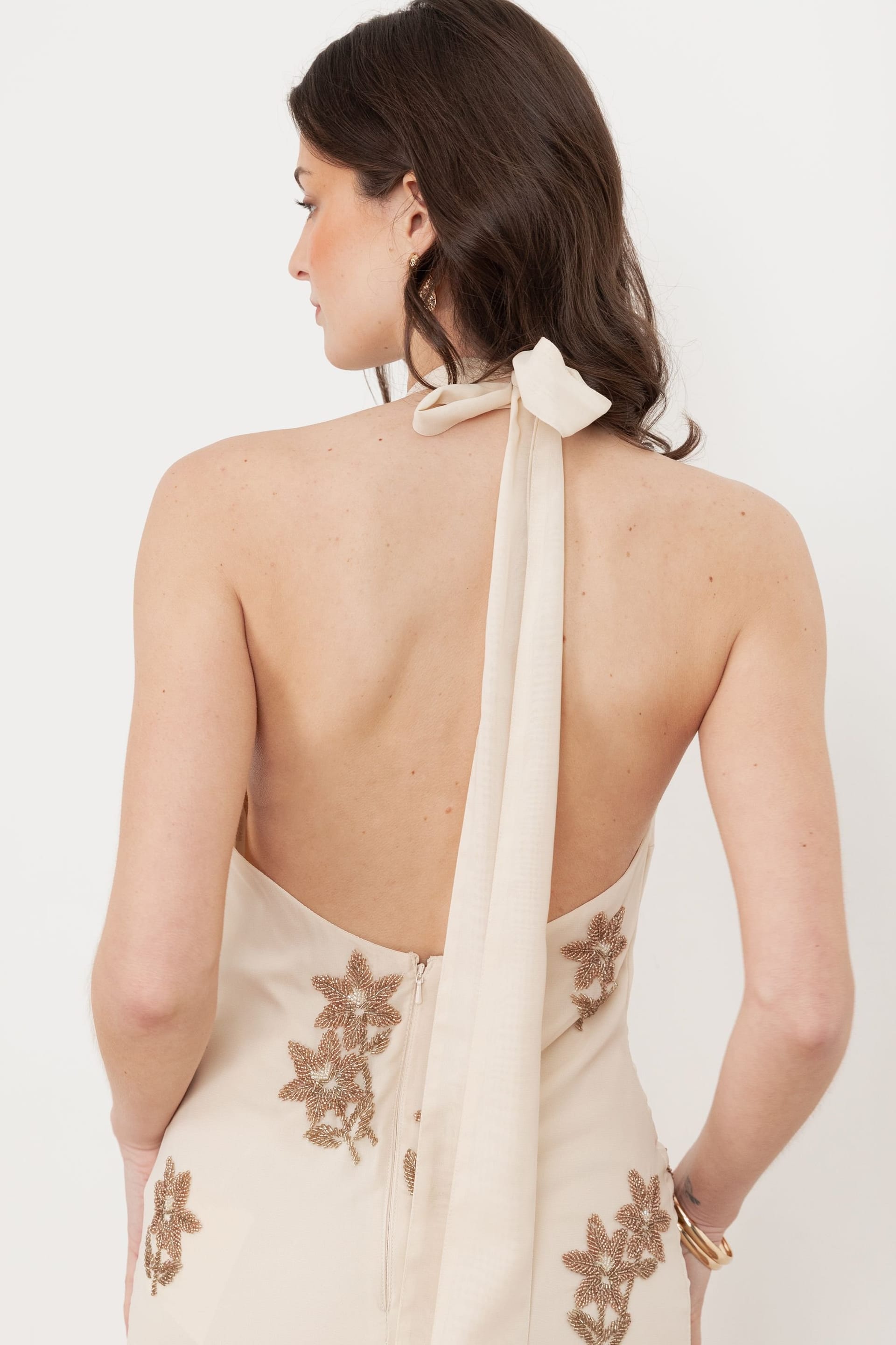 Maya Deluxe Maya Deluxe Women's Embellished Drop Waist Halter Neck Midaxi Dress in Nude - 4