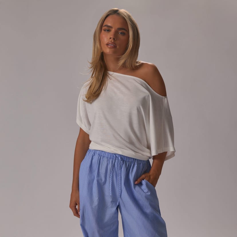 EGO Short Sleeve Off The Shoulder Draped Top In White Modal Jersey, Women's Size UK 6 - 1