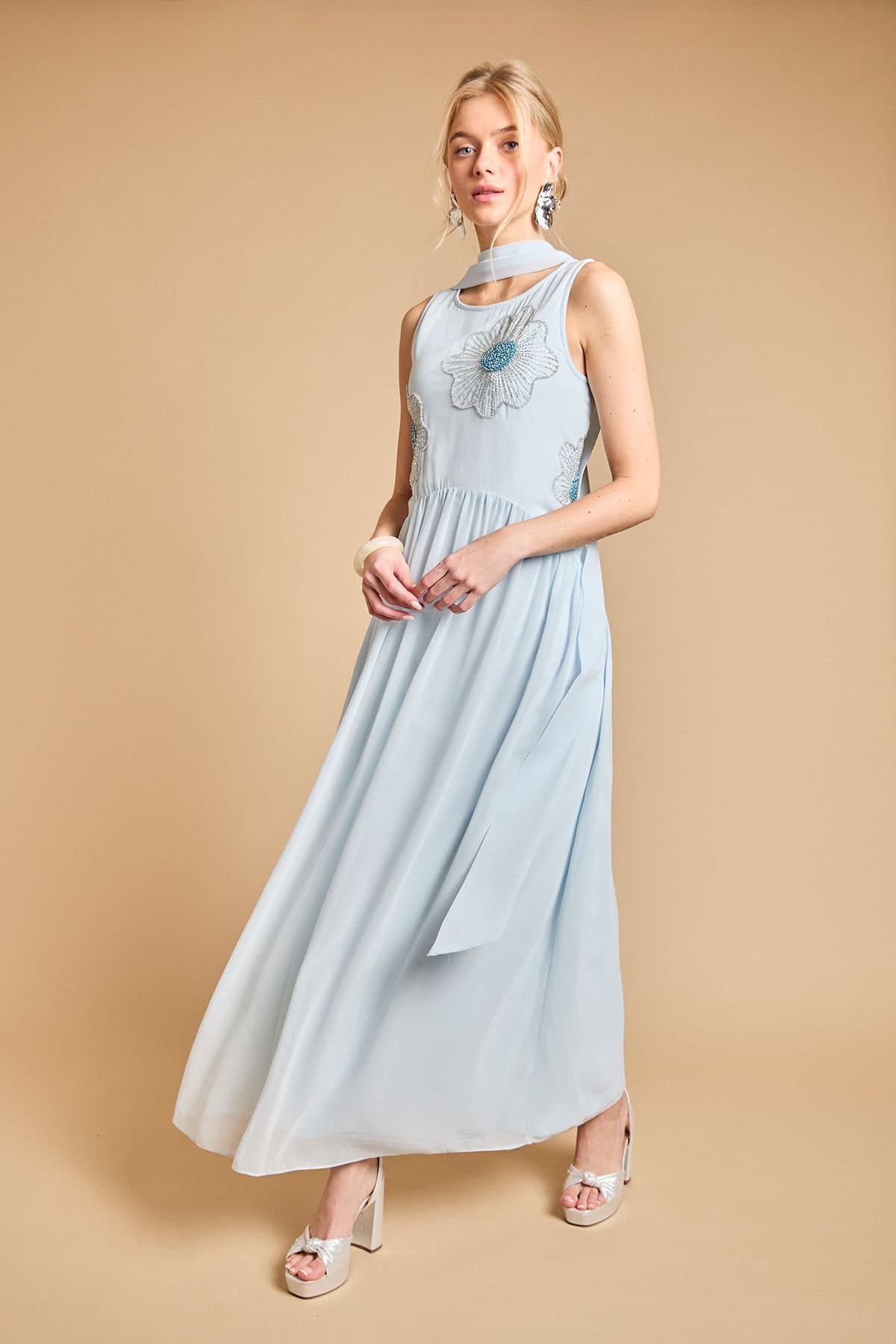 Oasis Oasis Women's Scarf Detail Hand Stitched Midaxi Dress in Light Blue