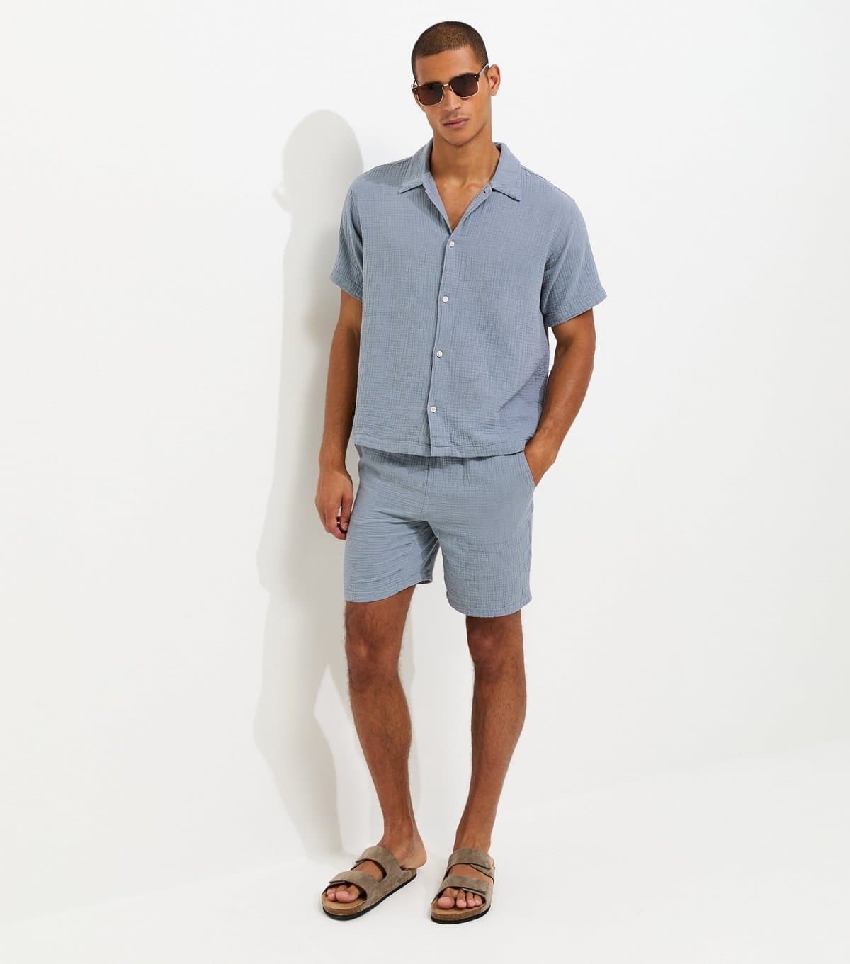 jack & jones Men's Blue Cotton Seersucker Drawstring Shorts Jack & Jones New Look