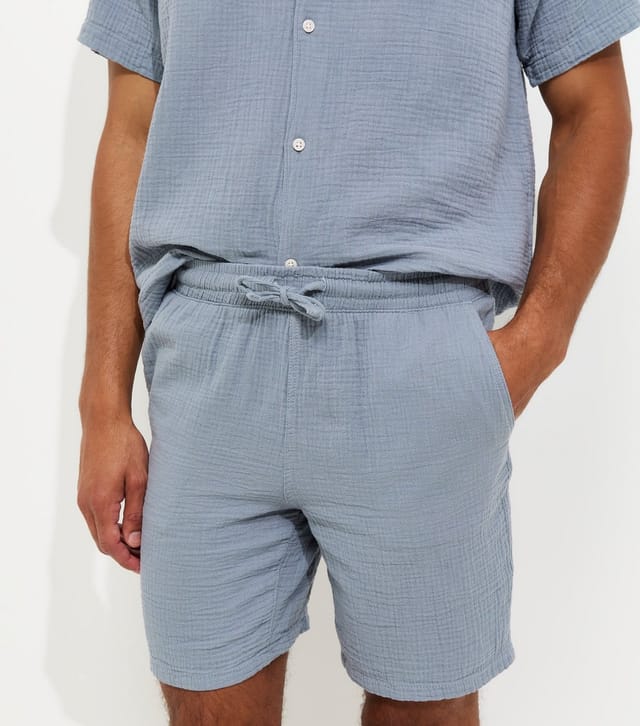 jack & jones Men's Blue Cotton Seersucker Drawstring Shorts Jack & Jones New Look - 3