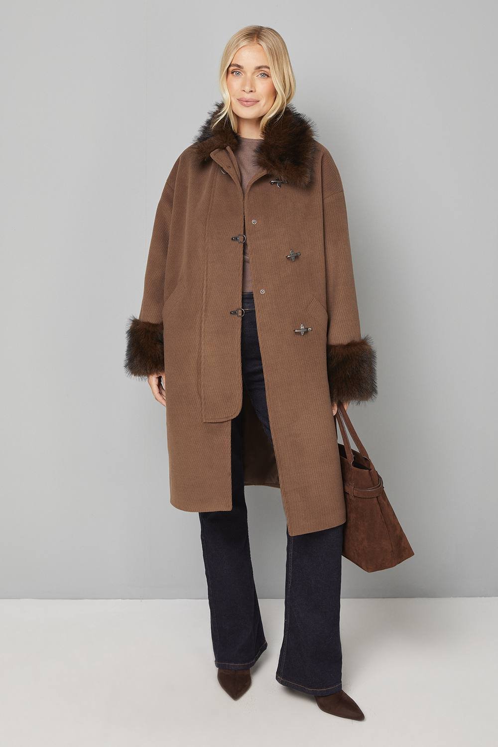 Wallis Wallis Women's Petite Toggle Detail Faux Fur Collar Coat in Chocolate - 2