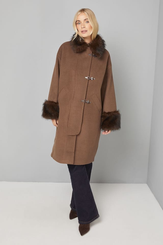 Wallis Wallis Women's Petite Toggle Detail Faux Fur Collar Coat in Chocolate - 2