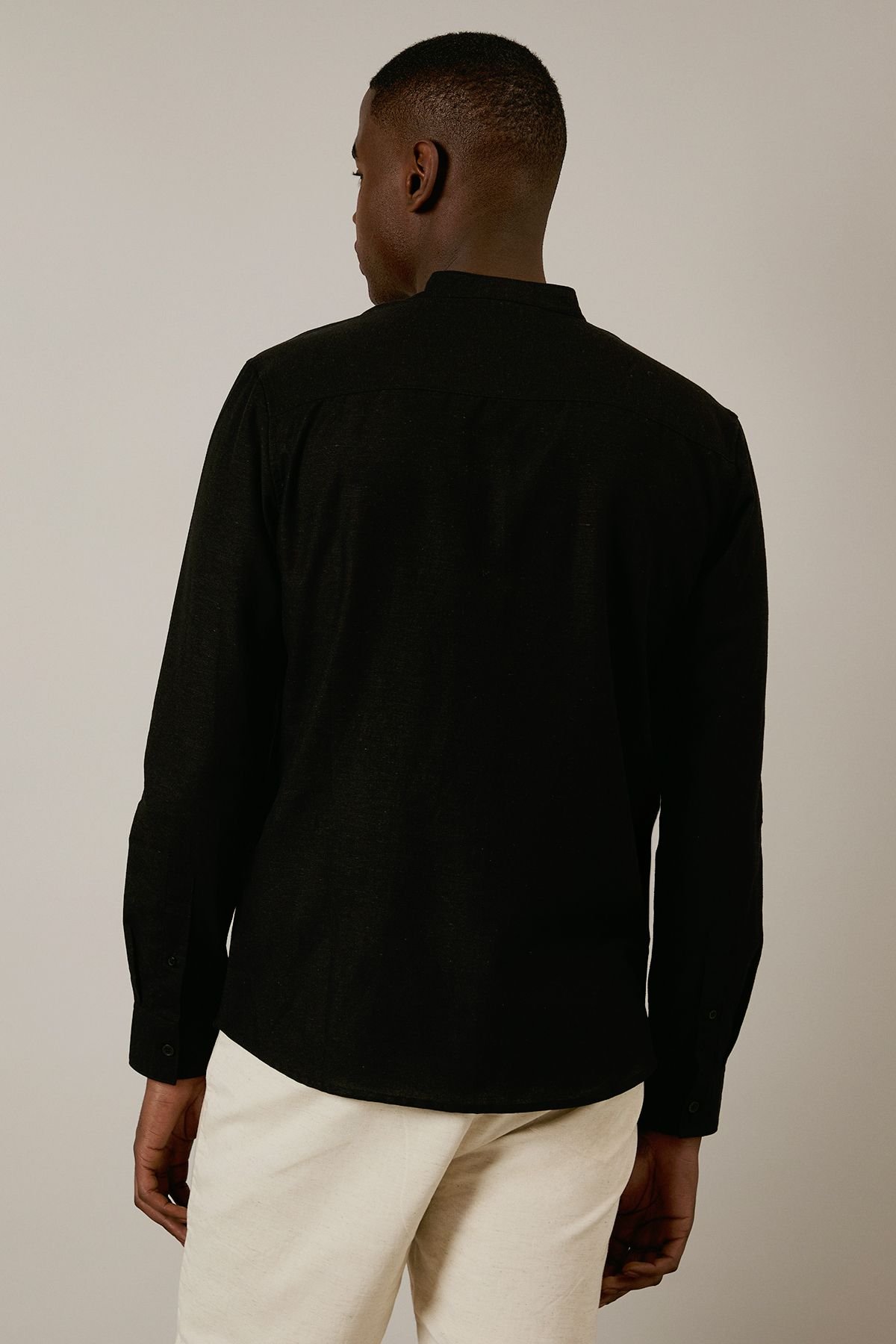 Burton Burton Men's Black Linen Blend Grandad Collar Shirt - 3