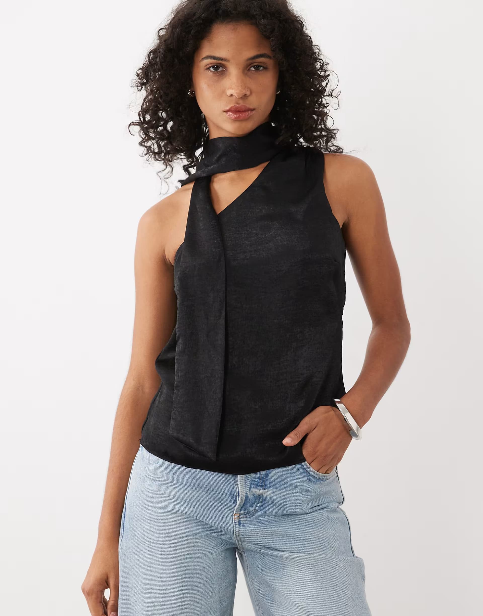 ASOS New Look one shoulder satin scarf neck top in black