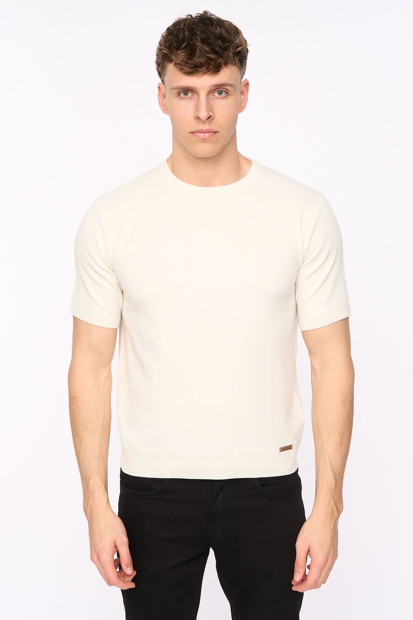 Duck&Cover Duck&Cover Men's Marvela Structured Knitted T-Shirt with Metal Badge in Light Stone