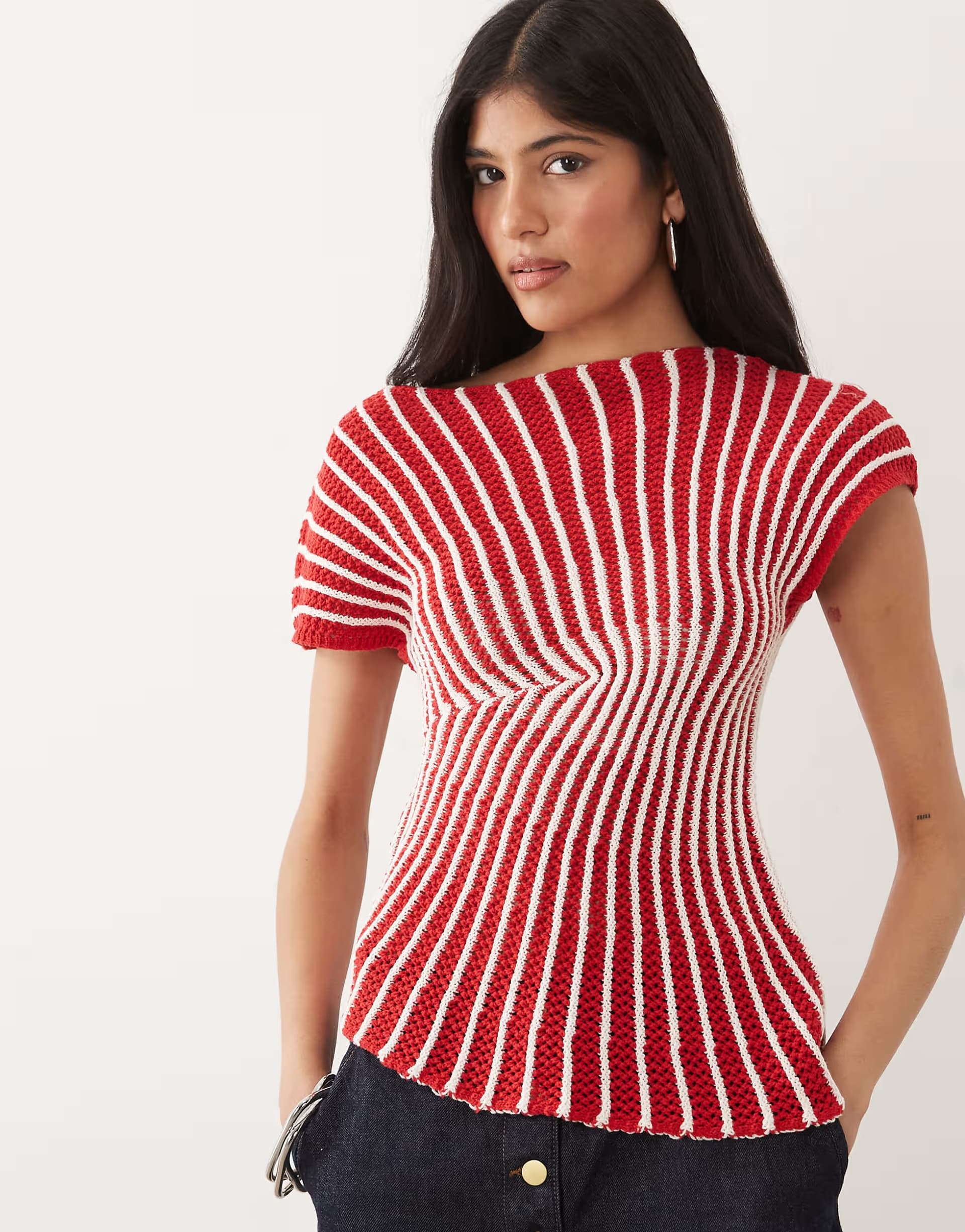 ASOS ASOS DESIGN crochet knit pleated top in red stripe