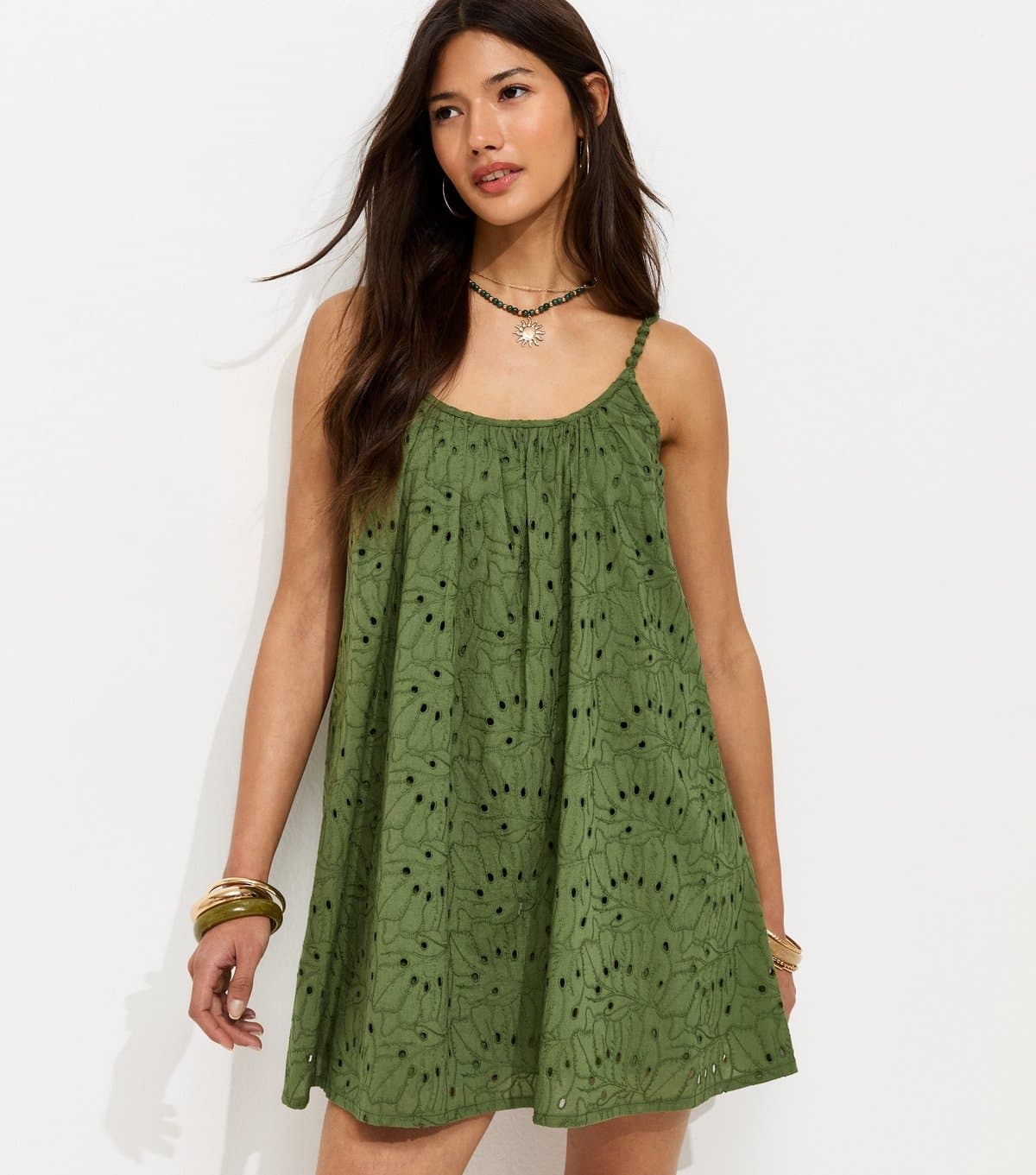 New Look Women's Light Khaki Broderie Embroidered Beaded Strap Smock Mini Dress New Look