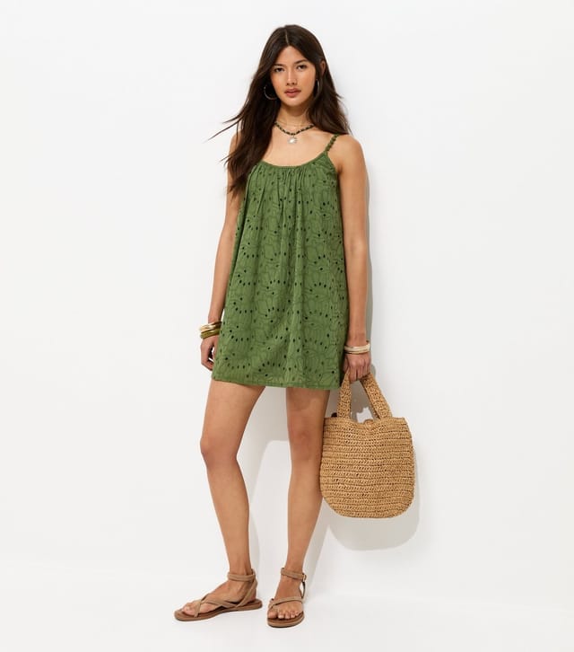 New Look Women's Light Khaki Broderie Embroidered Beaded Strap Smock Mini Dress New Look - 2