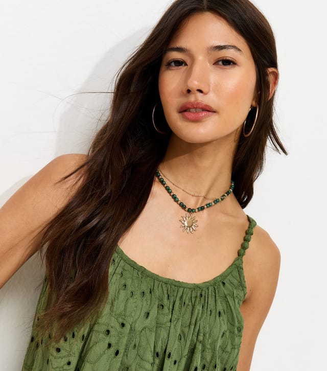 New Look Women's Light Khaki Broderie Embroidered Beaded Strap Smock Mini Dress New Look - 3