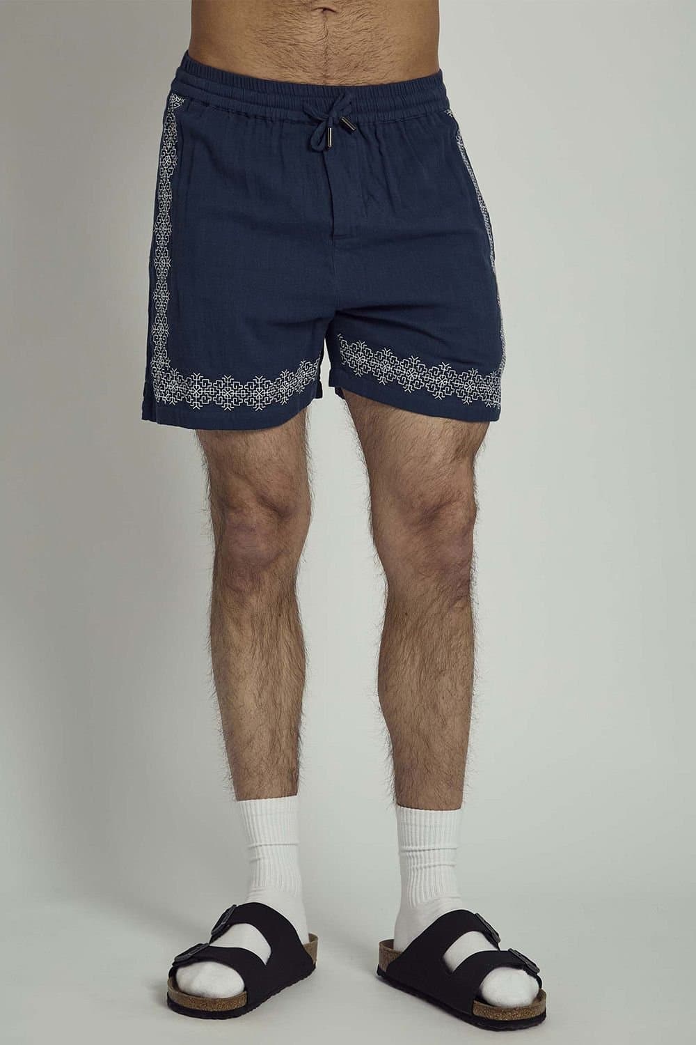 Native Youth Native Youth Men's Cotton Embroidered Border Elasticated Shorts in Navy
