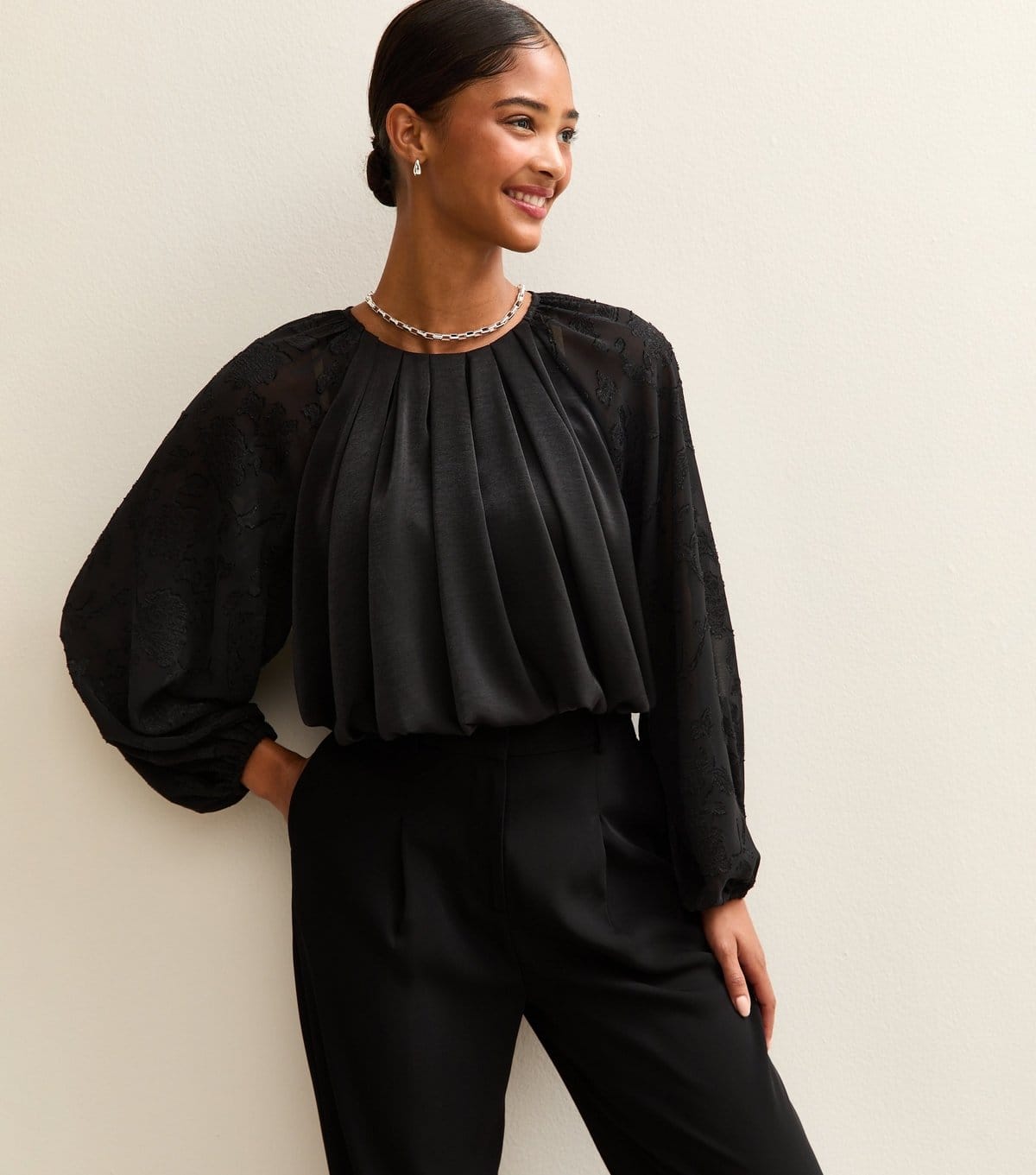 New Look Black Satin Blouse with Voluminous Sleeves