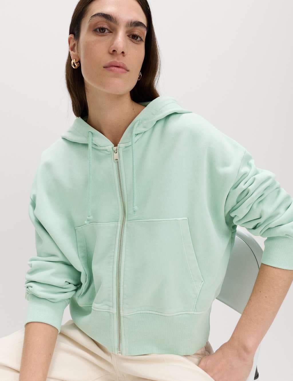 Marks & Spencer M&S Pure Cotton Garment Dye Zip Up Hoodie Soft Green
