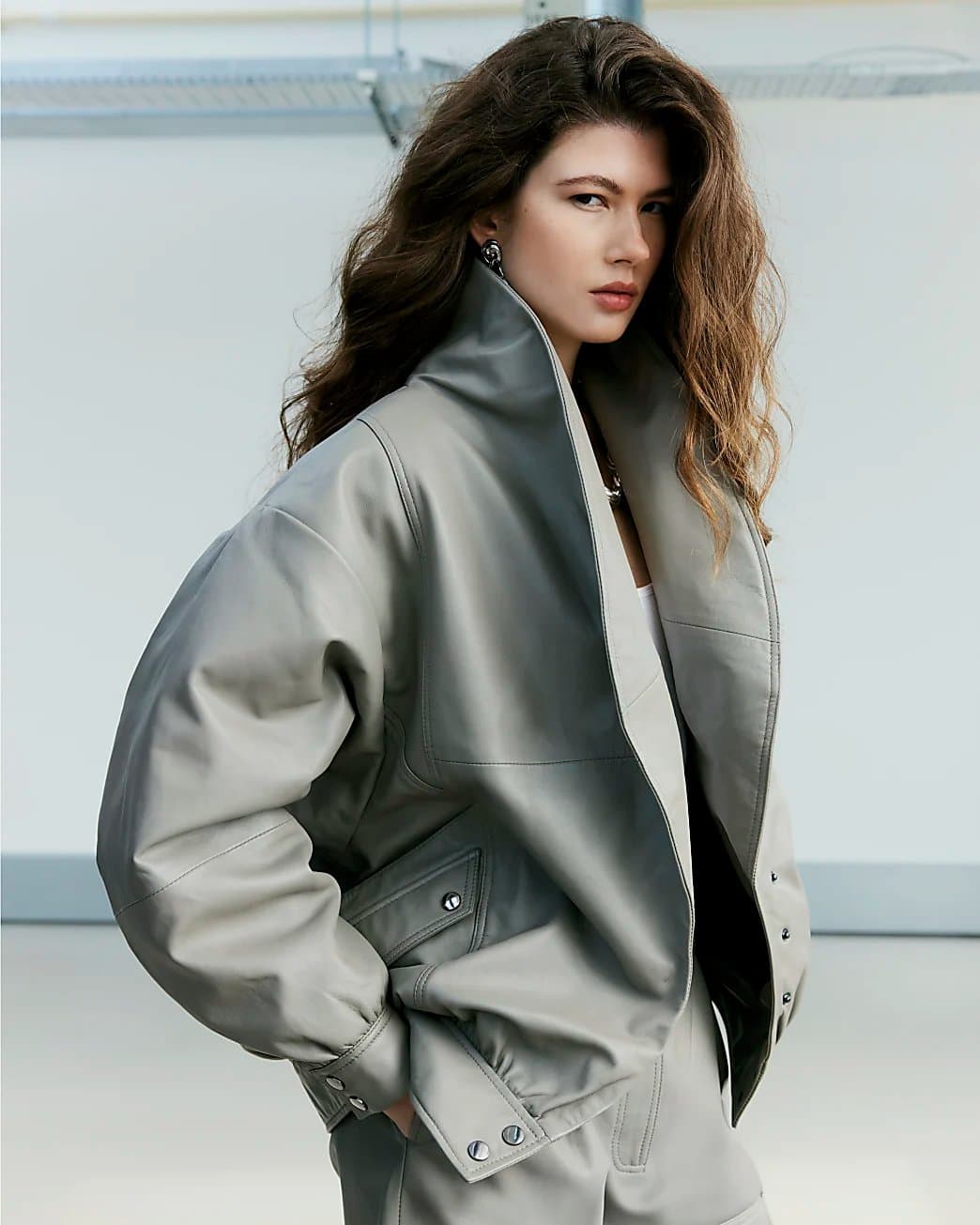 River Island River Island Womens Grey Ri Studio Leather Bomber Jacket