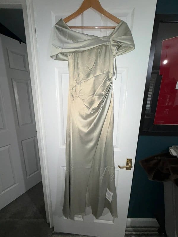 ASOS ASOS Edition Satin Bardot Drape Wrap Maxi Dress – Sage Gree - 1