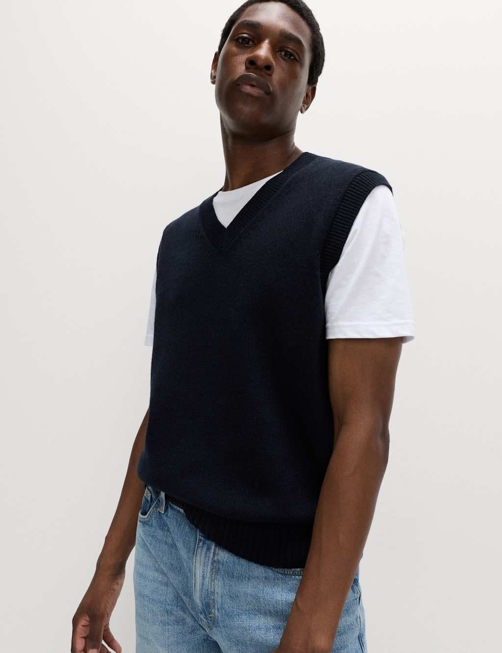 Marks & Spencer M&S Lambswool Blend V-Neck Knitted Vest Dark Navy