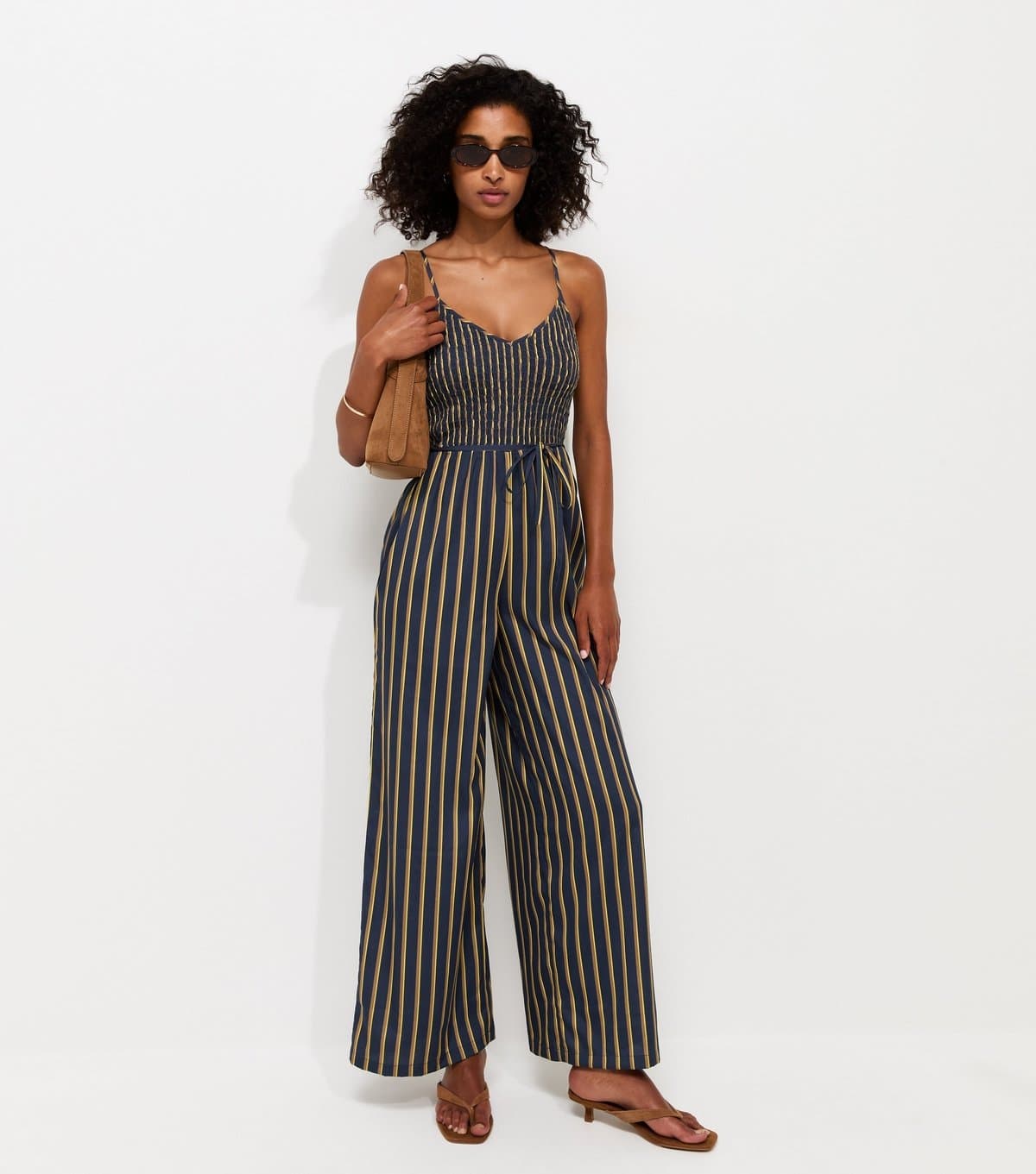 New Look Women's Blue Crepe Striped Shirred Bust Jumpsuit New Look
