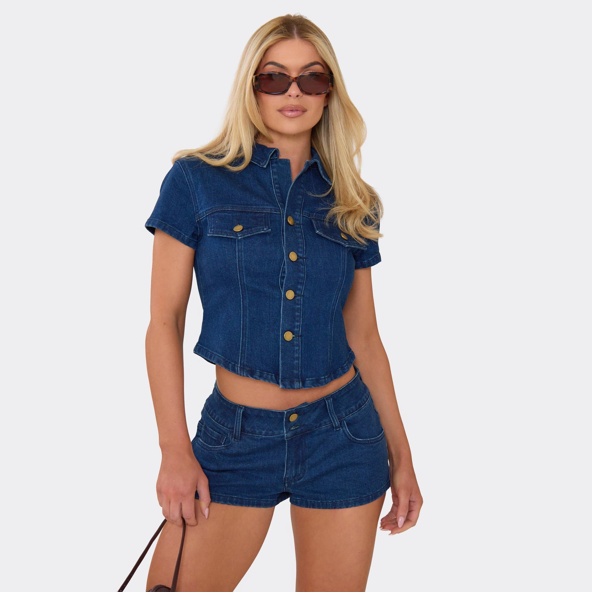 EGO Short Sleeve Button Down Fitted Top In Indigo Blue Denim, Women's Size UK 10